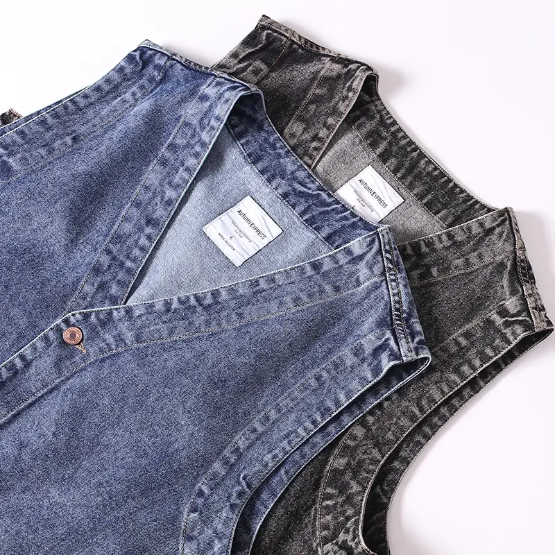 2025 Spring New Japanese Retro Denim Cargo Vest Men's Fashion 87% Cotton Washed Sleeveless V-neck Multi-pocket Casual Coat