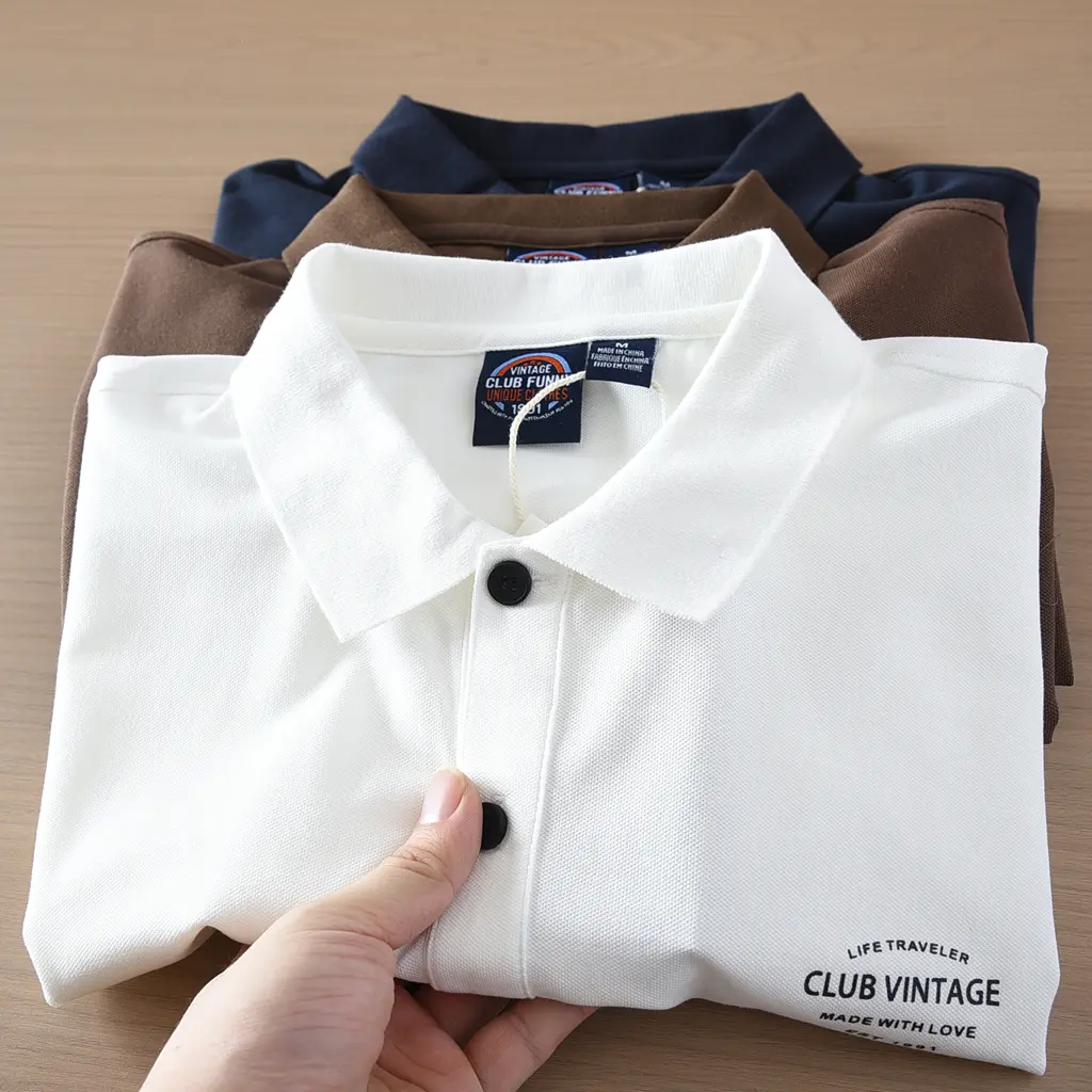 2025 Summer American Retro Short Sleeve Lapel Letter Printed Polo Shirts Men's Simple 72% Cotton Washed Business Casual T-shirt