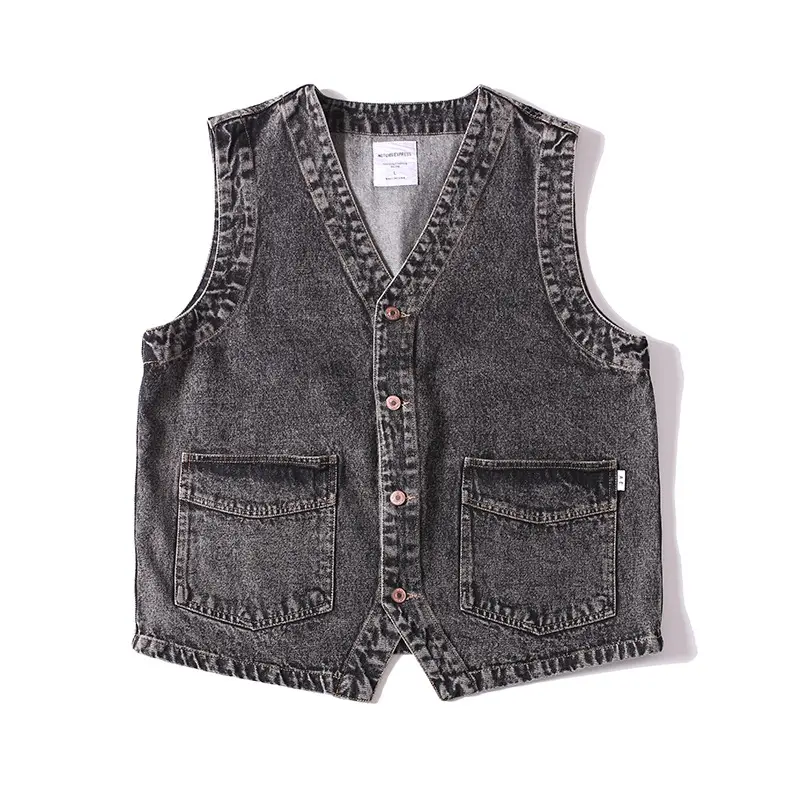 2025 Spring New Japanese Retro Denim Cargo Vest Men's Fashion 87% Cotton Washed Sleeveless V-neck Multi-pocket Casual Coat
