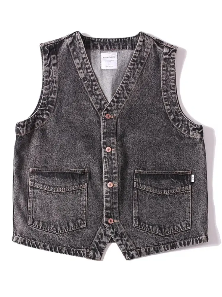 2025 Spring New Japanese Retro Denim Cargo Vest Men's Fashion 87% Cotton Washed Sleeveless V-neck Multi-pocket Casual Coat