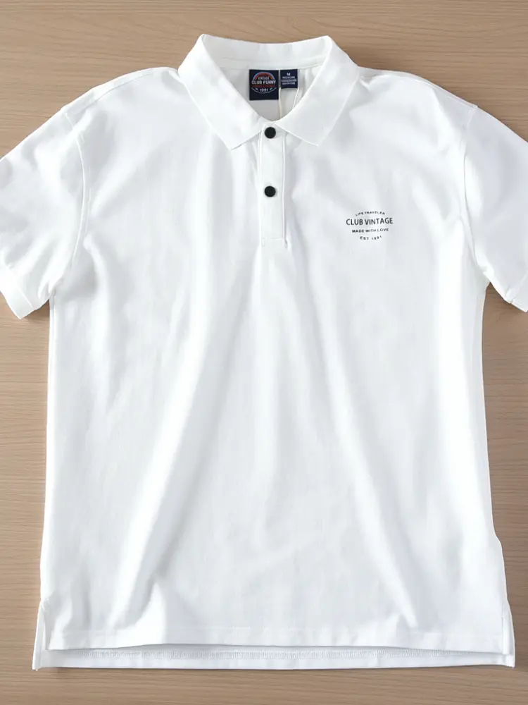 2025 Summer American Retro Short Sleeve Lapel Letter Printed Polo Shirts Men's Simple 72% Cotton Washed Business Casual T-shirt