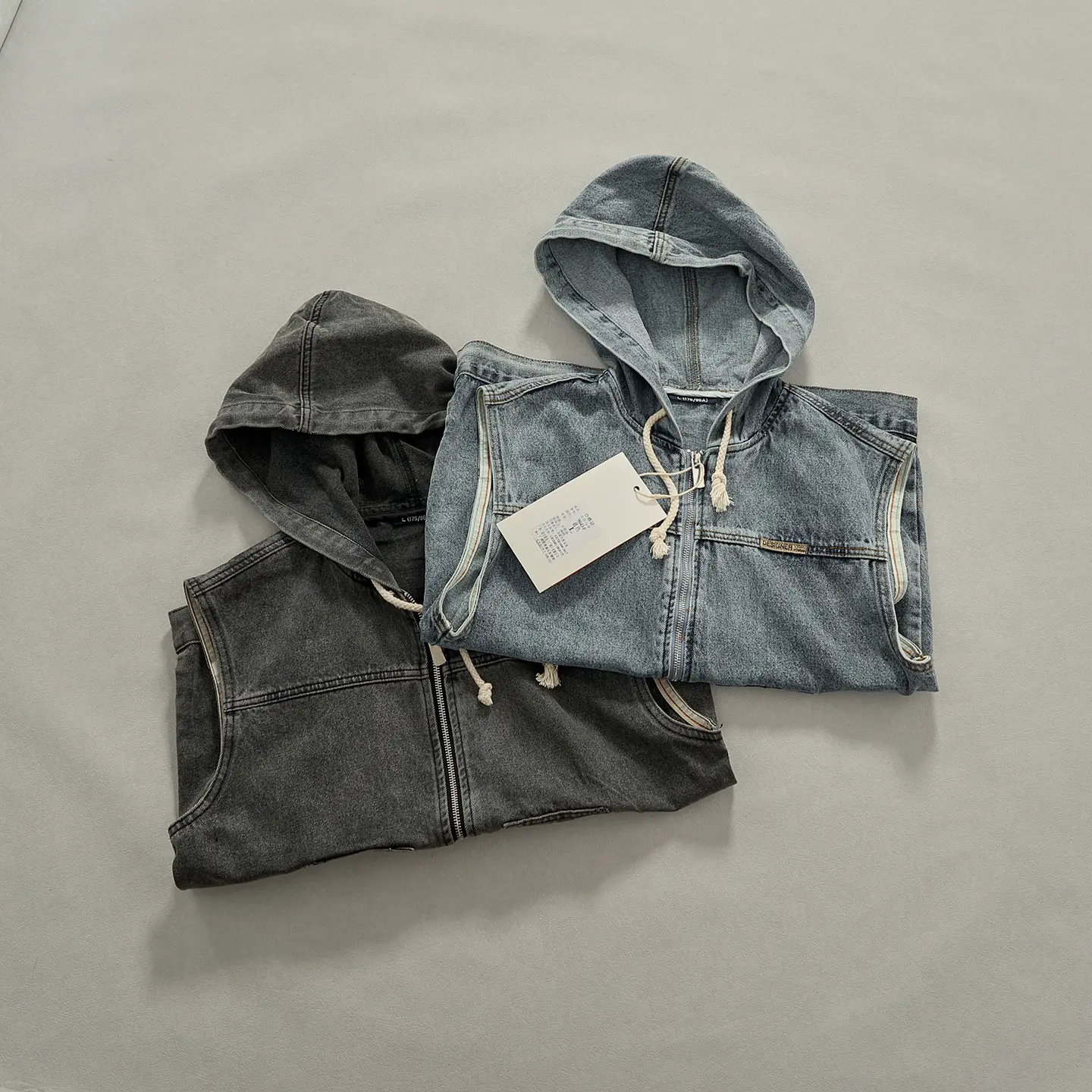 Autumn New American Retro High Street Sleeveless Hooded Denim Vest Men's Trendy 85.4% Cotton Washed Motorcycle Suit Zipper Tops
