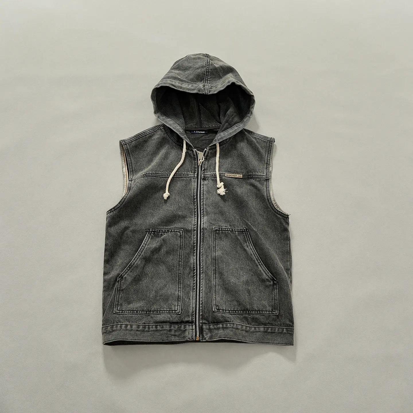 Autumn New American Retro High Street Sleeveless Hooded Denim Vest Men's Trendy 85.4% Cotton Washed Motorcycle Suit Zipper Tops
