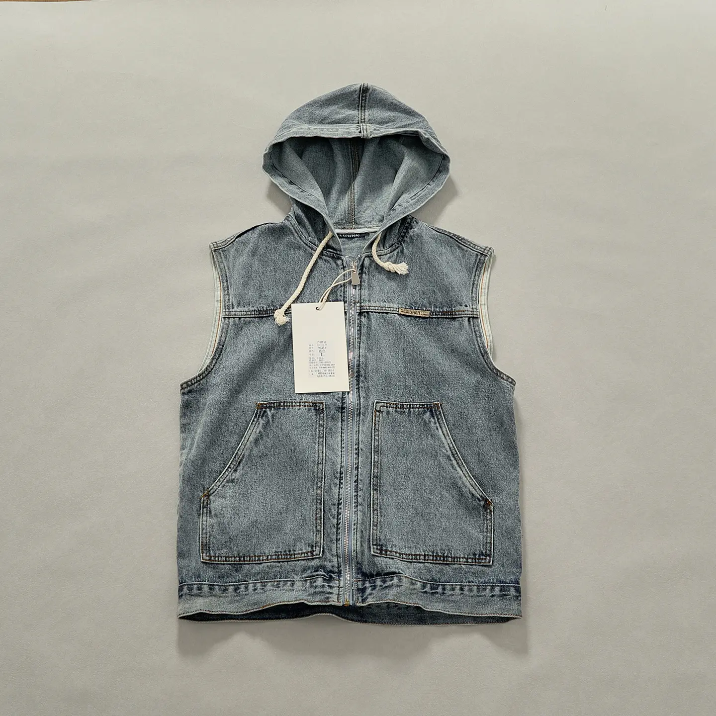 Autumn New American Retro High Street Sleeveless Hooded Denim Vest Men's Trendy 85.4% Cotton Washed Motorcycle Suit Zipper Tops