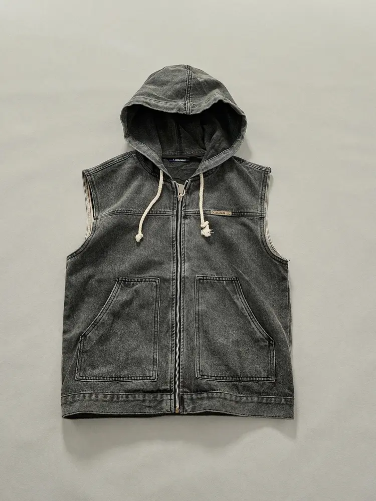 Autumn New American Retro High Street Sleeveless Hooded Denim Vest Men's Trendy 85.4% Cotton Washed Motorcycle Suit Zipper Tops