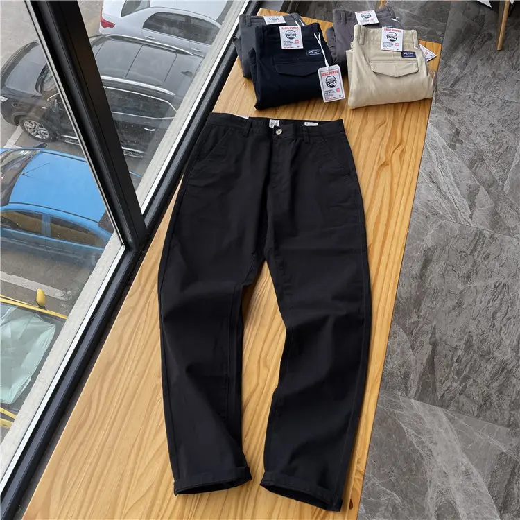 Spring New American Retro Heavyweight Woven Twill Stretch Pants Men's Pure Cotton Washed Slim Straight Business Casual Trousers