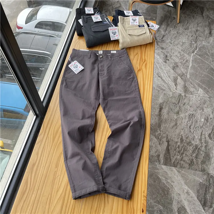 Spring New American Retro Heavyweight Woven Twill Stretch Pants Men's Pure Cotton Washed Slim Straight Business Casual Trousers