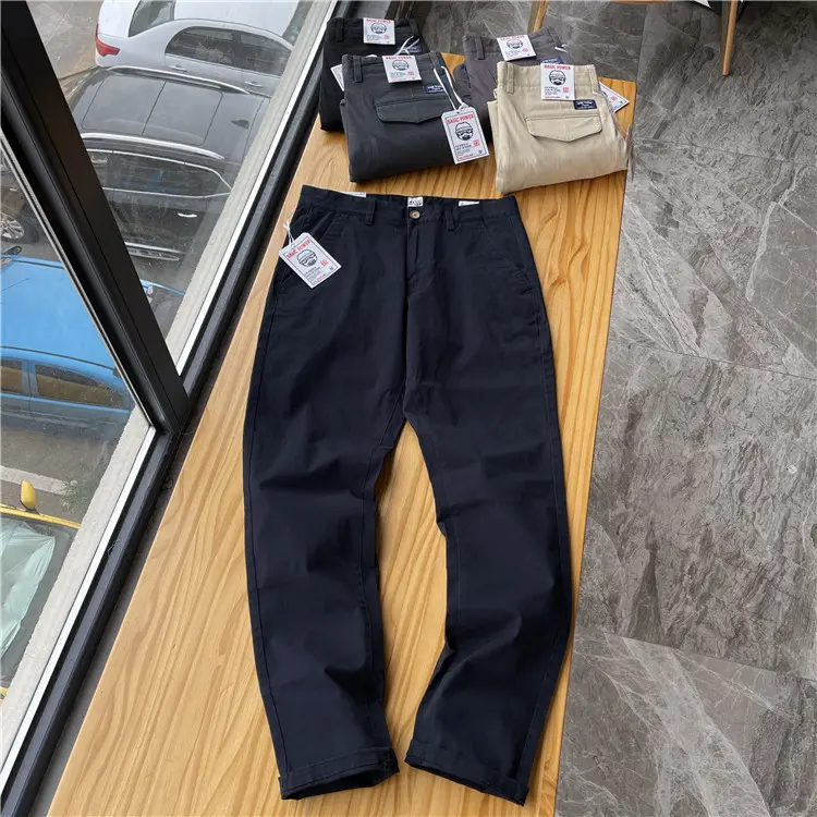 Spring New American Retro Heavyweight Woven Twill Stretch Pants Men's Pure Cotton Washed Slim Straight Business Casual Trousers
