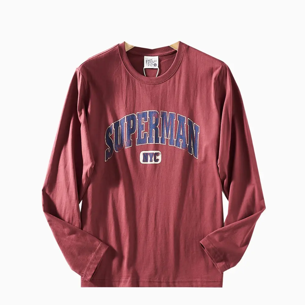 2026 Spring New American Retro Long-sleeved O-neck Letter Printed T-shirt Men's Fashion 100% Cotton Washed Casual Sport Tops
