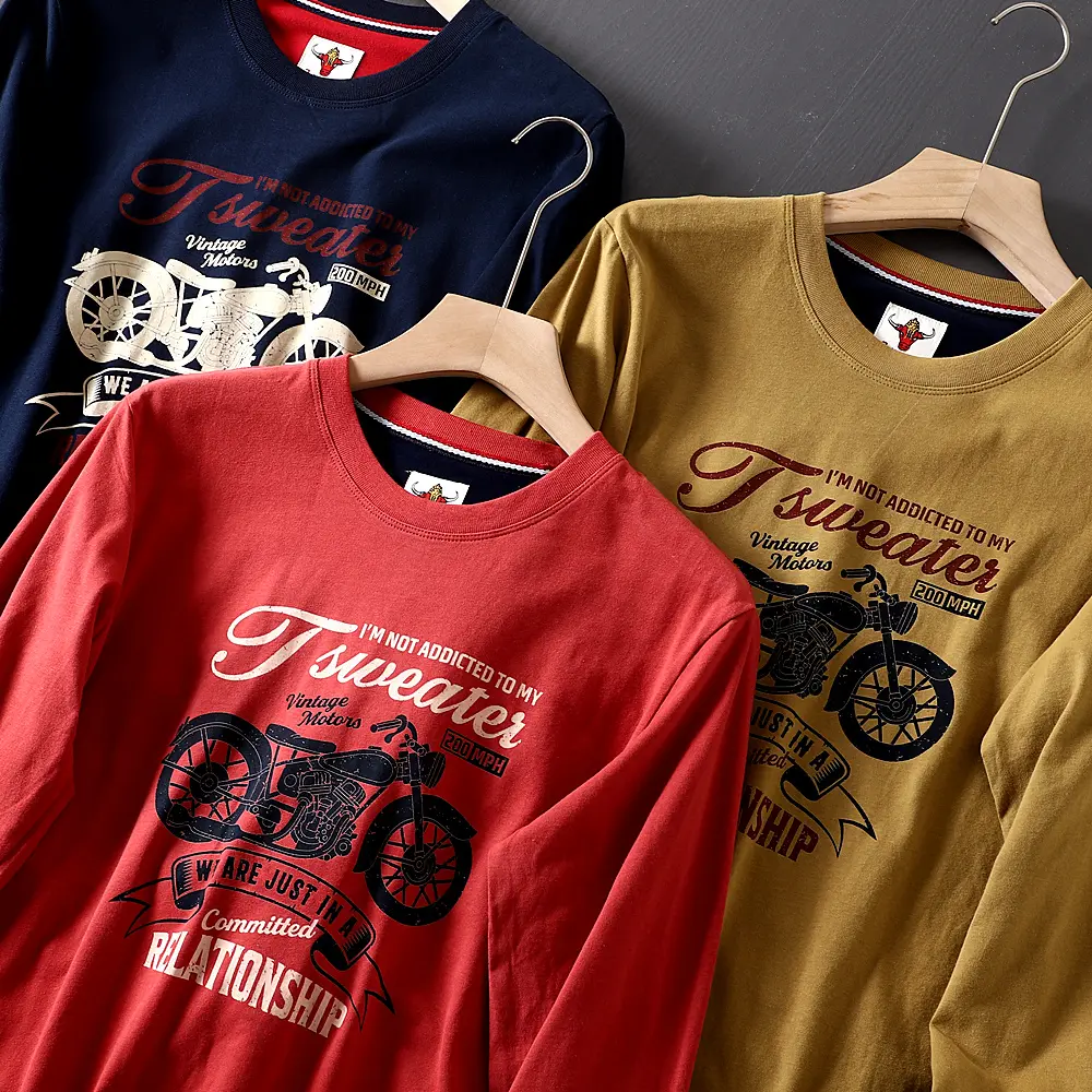 2026 Spring New American Retro Long-sleeved O-neck Motorcycle Printed T-shirt Men's Fashion 100% Cotton Washed Casual Sport Tops