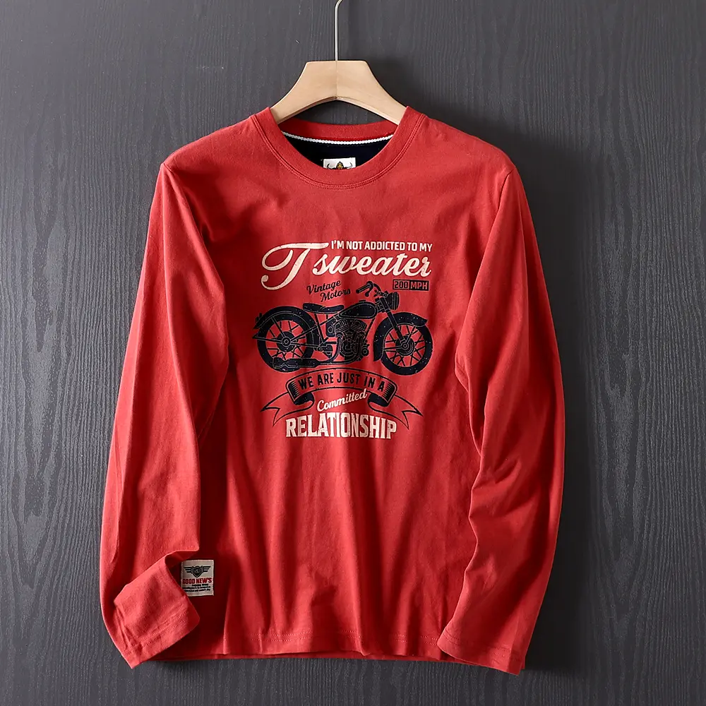 2026 Spring New American Retro Long-sleeved O-neck Motorcycle Printed T-shirt Men's Fashion 100% Cotton Washed Casual Sport Tops