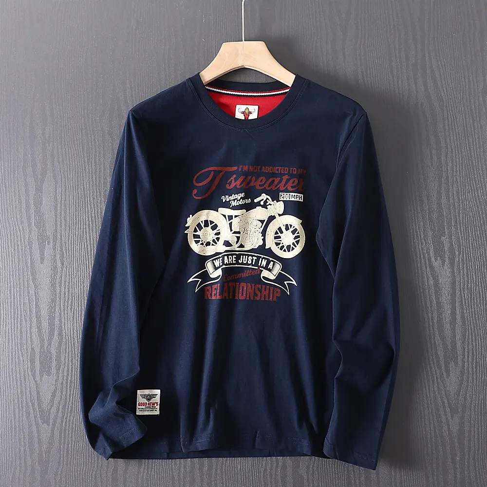 2026 Spring New American Retro Long-sleeved O-neck Motorcycle Printed T-shirt Men's Fashion 100% Cotton Washed Casual Sport Tops