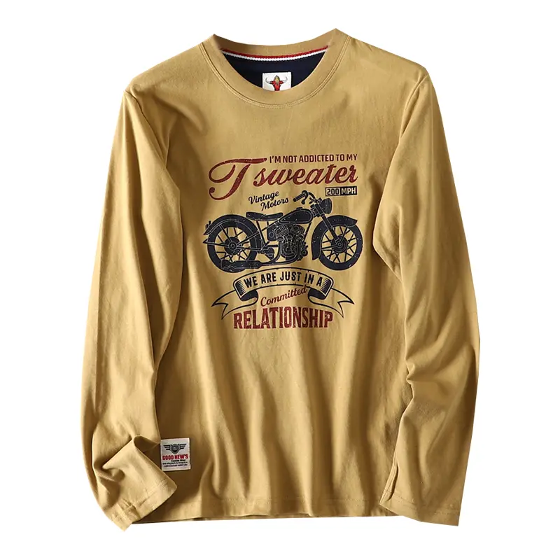 2026 Spring New American Retro Long-sleeved O-neck Motorcycle Printed T-shirt Men's Fashion 100% Cotton Washed Casual Sport Tops