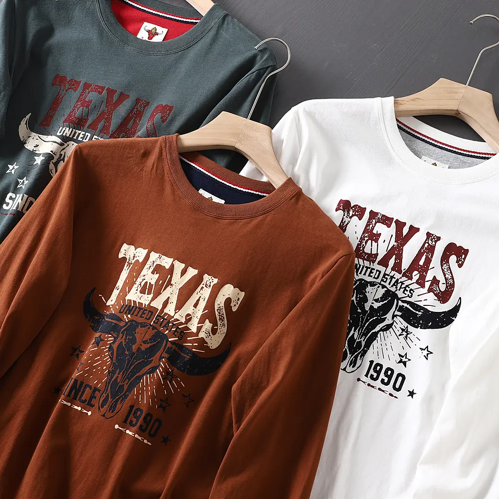 2026 Spring New American Retro Long-sleeved O-neck Letter Printed T-shirt Men's Fashion 100% Cotton Washed Casual Sport Tops