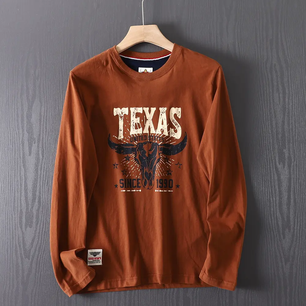 2026 Spring New American Retro Long-sleeved O-neck Letter Printed T-shirt Men's Fashion 100% Cotton Washed Casual Sport Tops