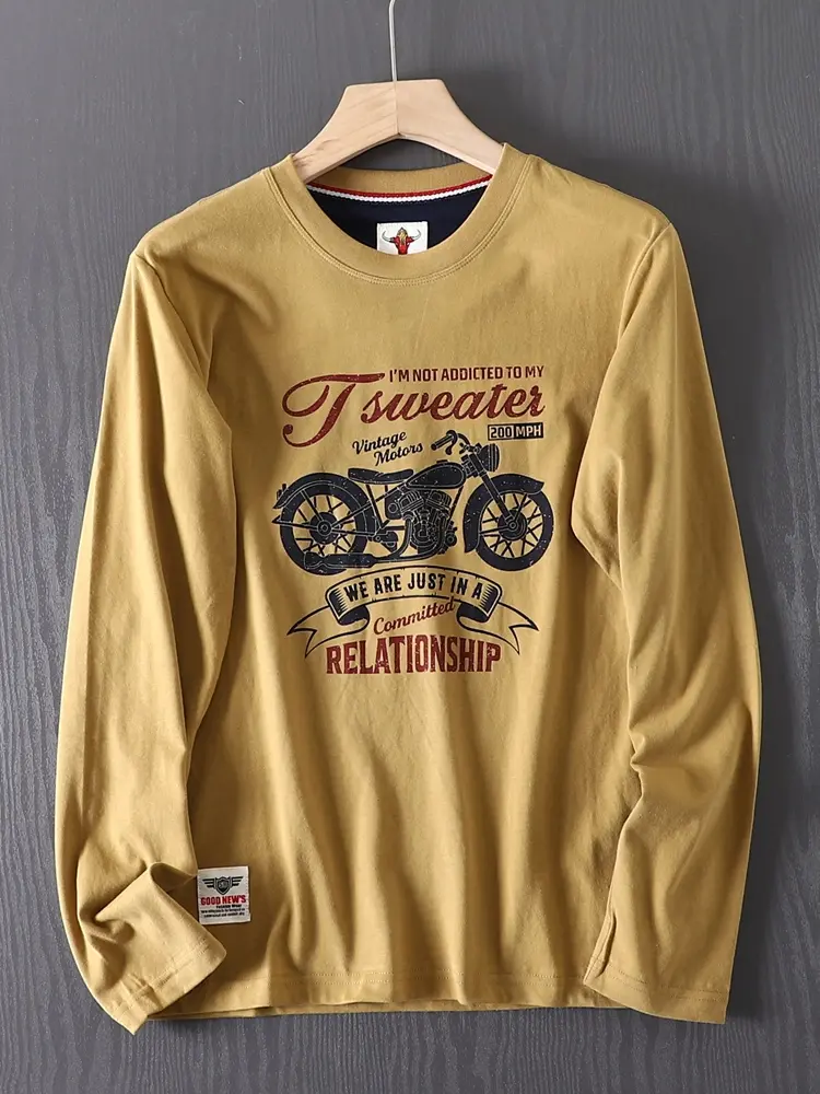 2026 Spring New American Retro Long-sleeved O-neck Motorcycle Printed T-shirt Men's Fashion 100% Cotton Washed Casual Sport Tops