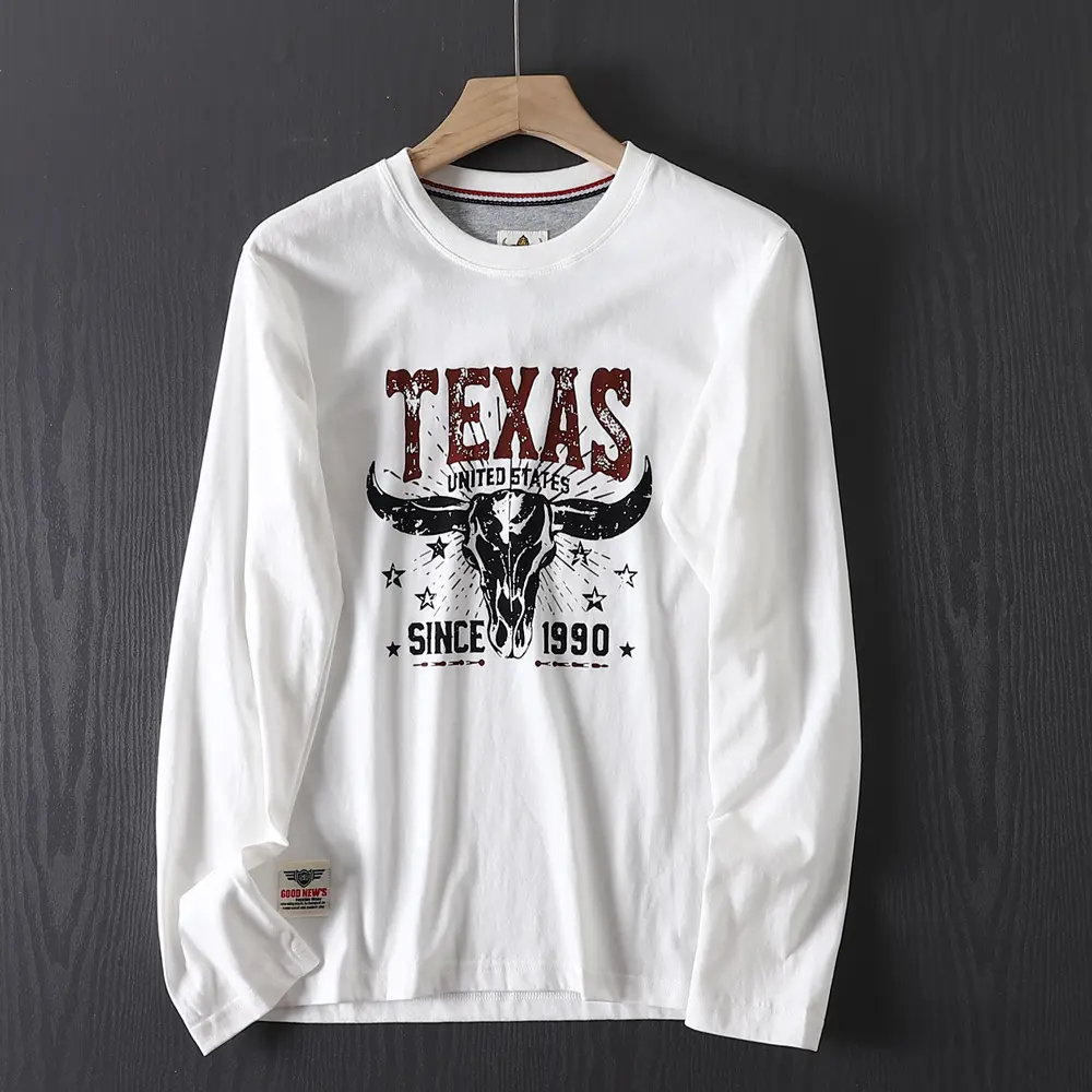 2026 Spring New American Retro Long-sleeved O-neck Letter Printed T-shirt Men's Fashion 100% Cotton Washed Casual Sport Tops