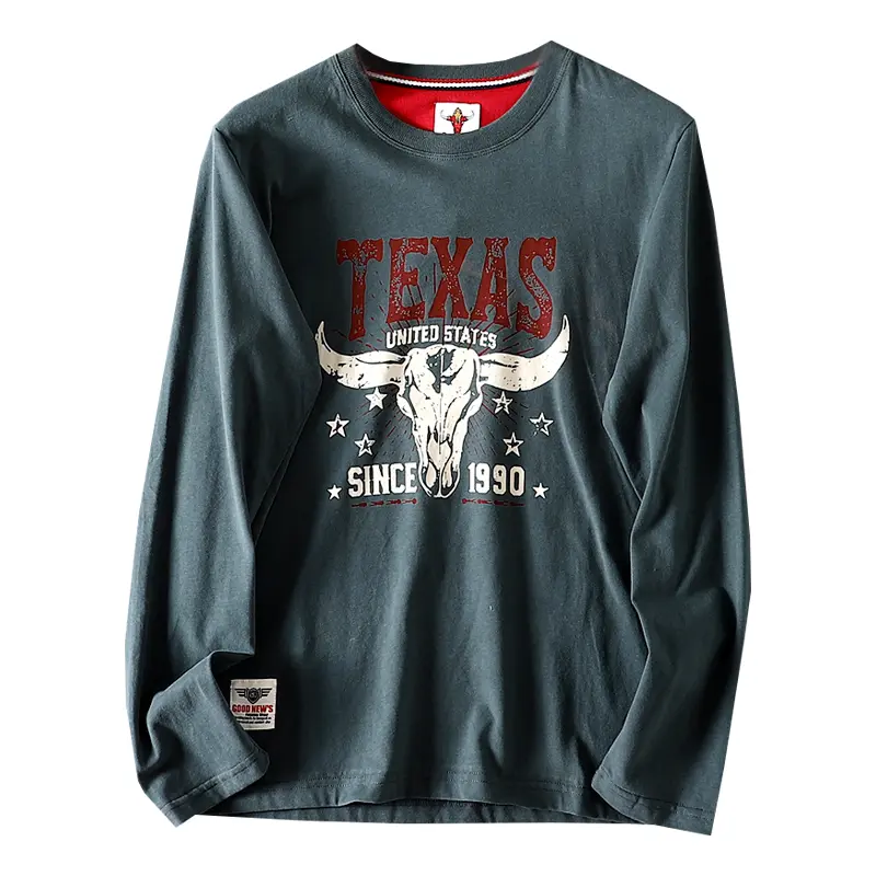 2026 Spring New American Retro Long-sleeved O-neck Letter Printed T-shirt Men's Fashion 100% Cotton Washed Casual Sport Tops