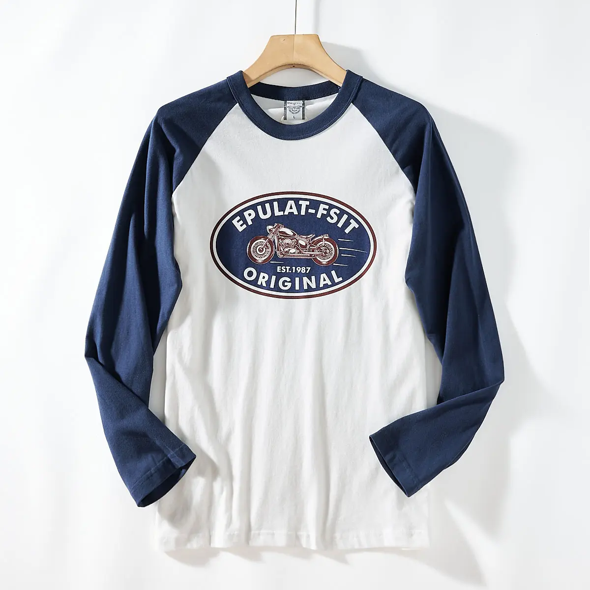 2026 Spring New American Retro Long-sleeved O-neck Motorcycle Printed T-shirt Men's Fashion 100% Cotton Washed Casual Sport Tops