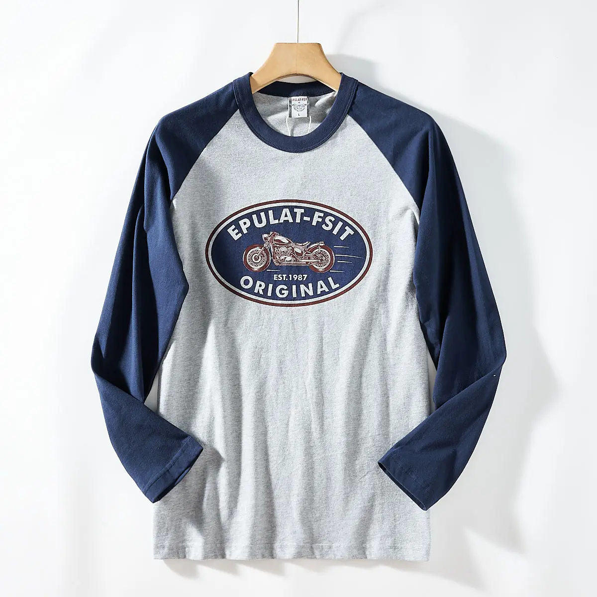 2026 Spring New American Retro Long-sleeved O-neck Motorcycle Printed T-shirt Men's Fashion 100% Cotton Washed Casual Sport Tops