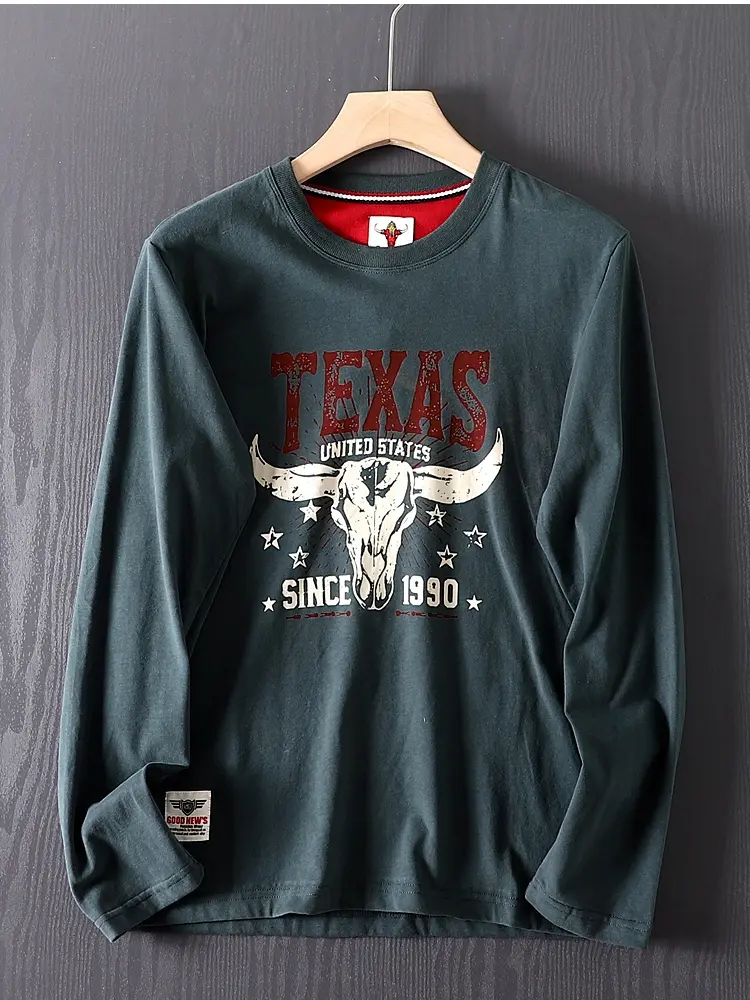 2026 Spring New American Retro Long-sleeved O-neck Letter Printed T-shirt Men's Fashion 100% Cotton Washed Casual Sport Tops
