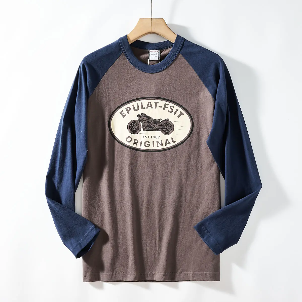 2026 Spring New American Retro Long-sleeved O-neck Motorcycle Printed T-shirt Men's Fashion 100% Cotton Washed Casual Sport Tops