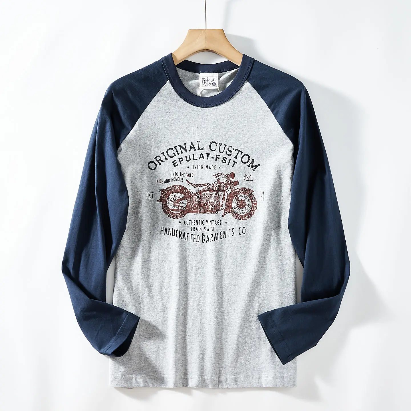 2025 Autumn New American Retro Two Colors Splicing Motorcycle Printed T-shirt Men's Fashion 100% Cotton Washed Casual Sport Tops