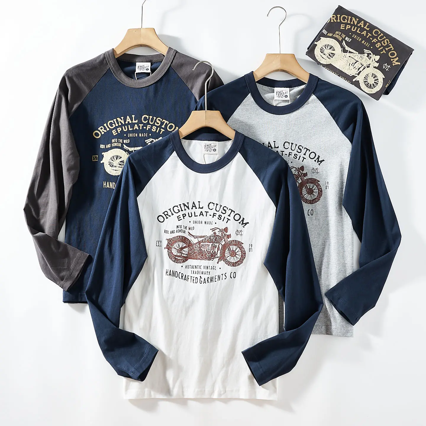 2025 Autumn New American Retro Two Colors Splicing Motorcycle Printed T-shirt Men's Fashion 100% Cotton Washed Casual Sport Tops