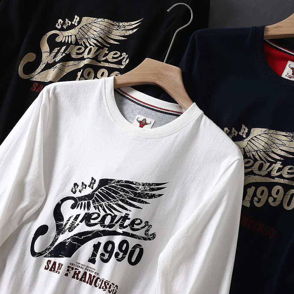 Autumn New American Retro Long-sleeved O-neck Letter Wing Printed T-shirt Men's Fashion 100% Cotton Washed Casual Sport Tops