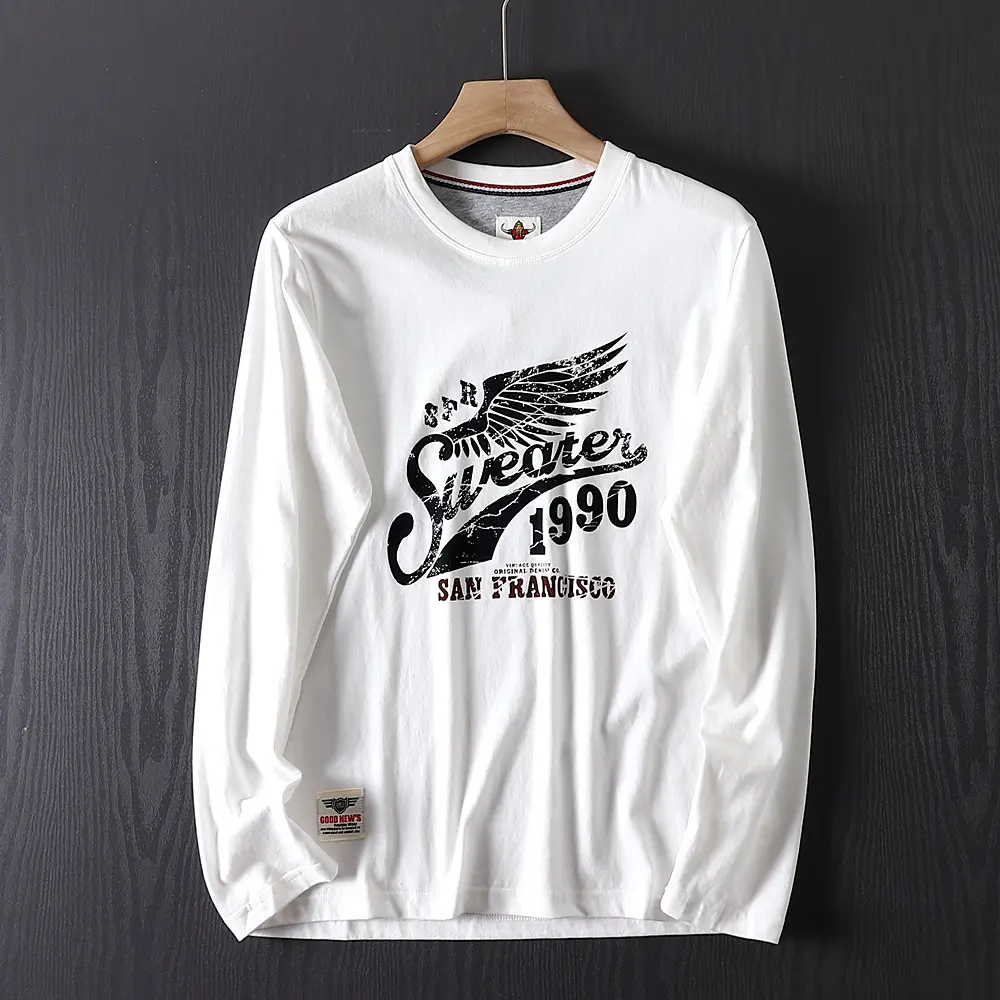 Autumn New American Retro Long-sleeved O-neck Letter Wing Printed T-shirt Men's Fashion 100% Cotton Washed Casual Sport Tops