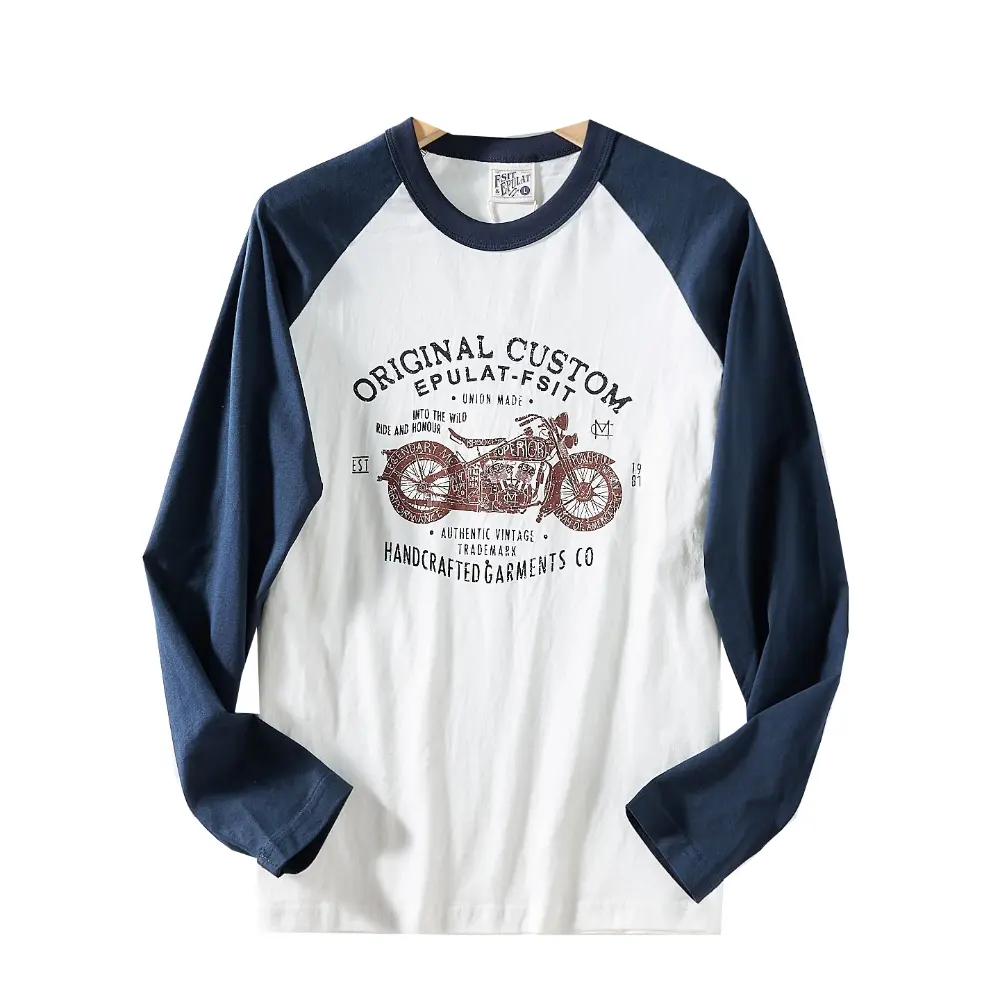2025 Autumn New American Retro Two Colors Splicing Motorcycle Printed T-shirt Men's Fashion 100% Cotton Washed Casual Sport Tops