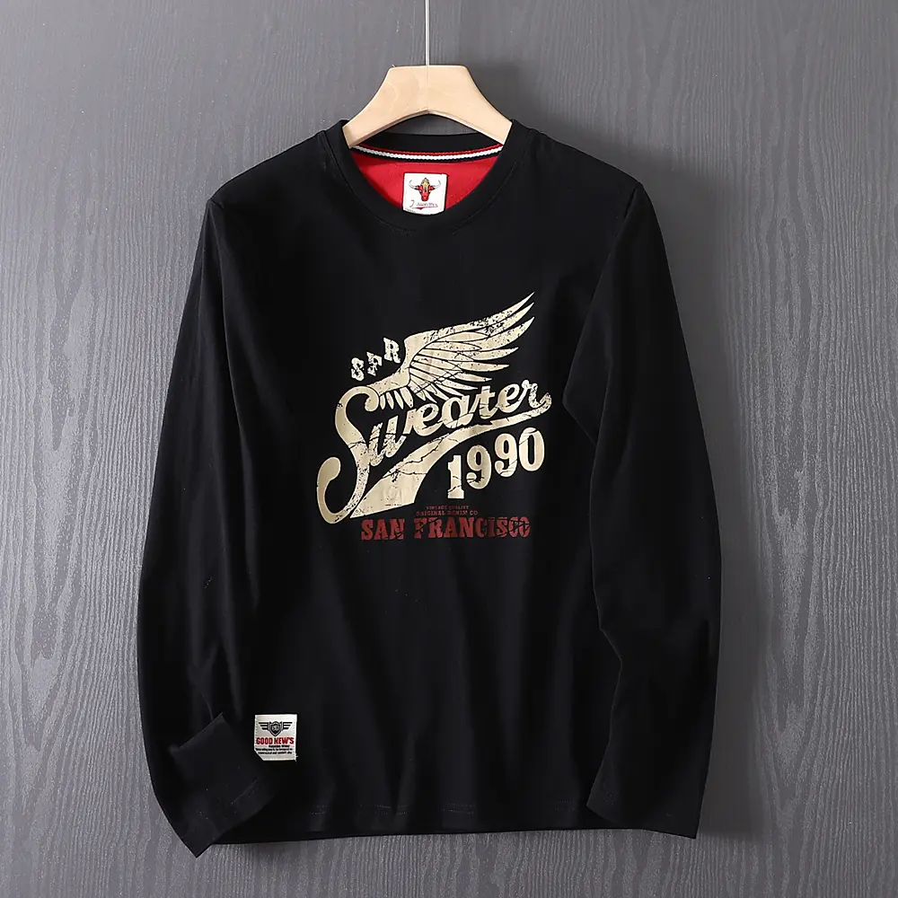 Autumn New American Retro Long-sleeved O-neck Letter Wing Printed T-shirt Men's Fashion 100% Cotton Washed Casual Sport Tops