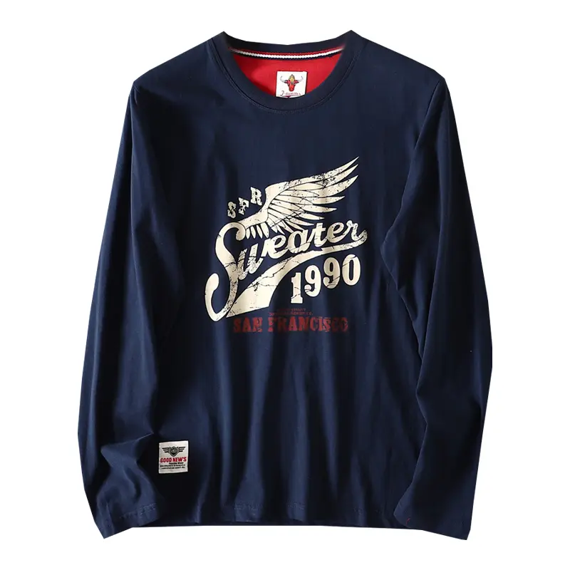 Autumn New American Retro Long-sleeved O-neck Letter Wing Printed T-shirt Men's Fashion 100% Cotton Washed Casual Sport Tops