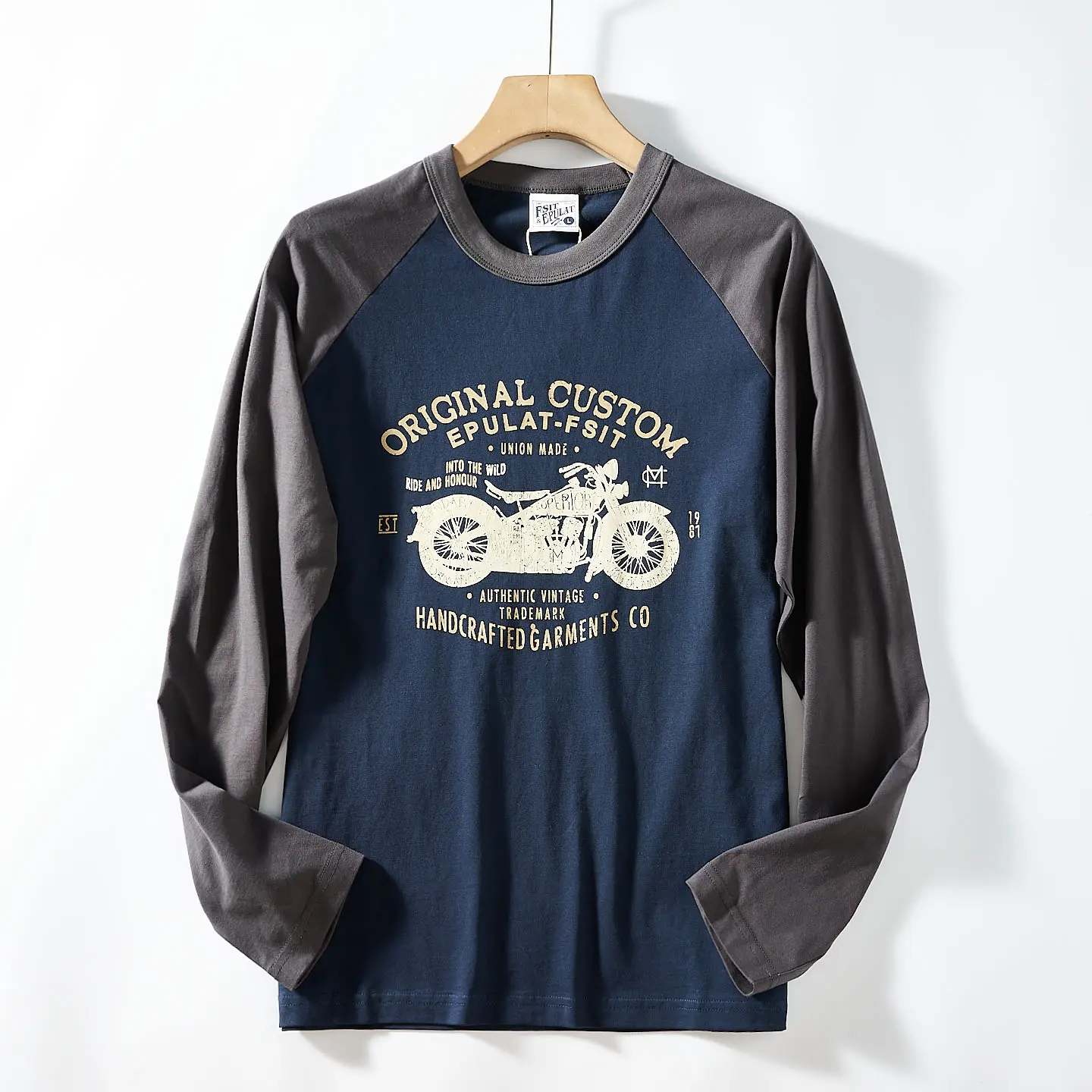 2025 Autumn New American Retro Two Colors Splicing Motorcycle Printed T-shirt Men's Fashion 100% Cotton Washed Casual Sport Tops