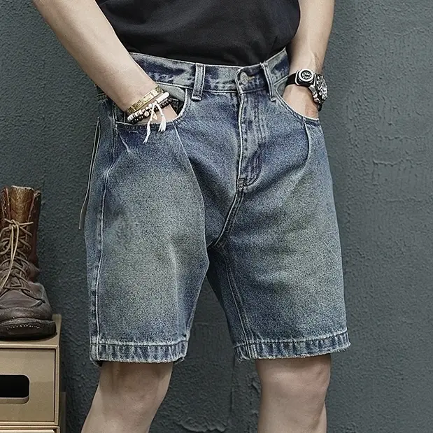 2025 Summer New American Retro Denim Cargo Shorts Men's Fashion 80% Cotton Washed Make Old Loose Straight Casual 5-point Pants