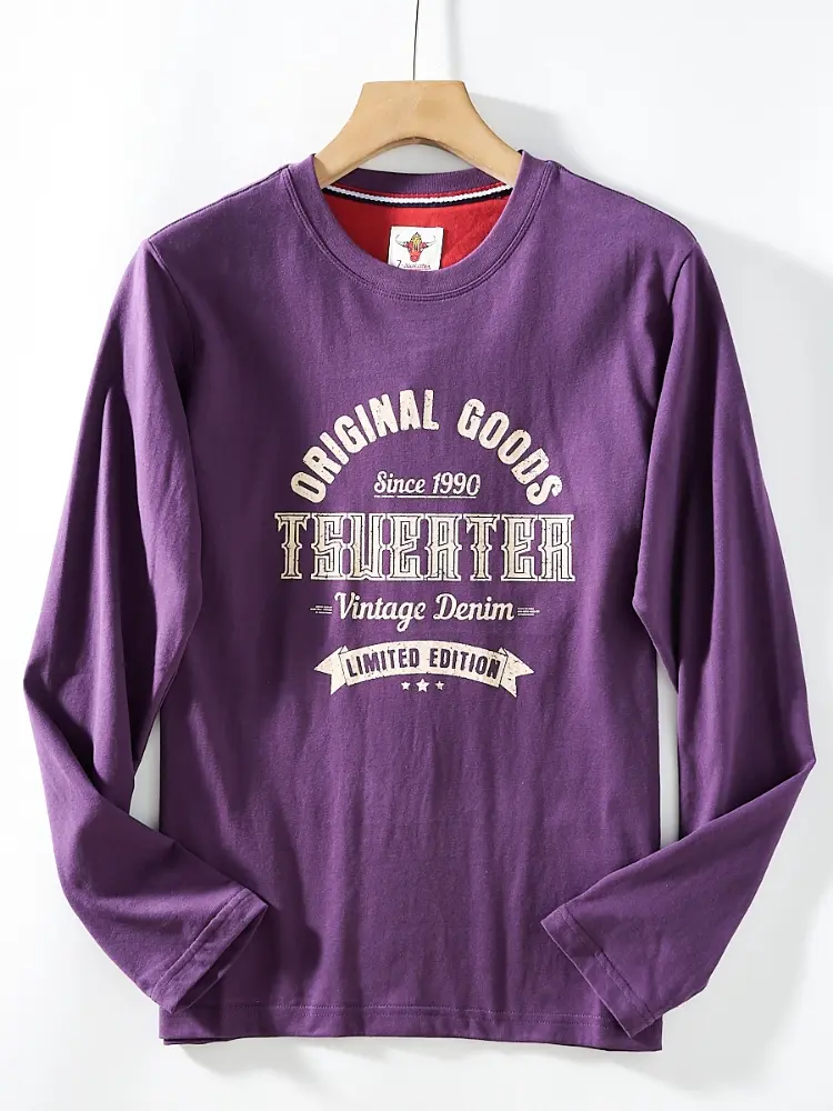 2025 Autumn New American Retro Long-sleeved O-neck Letter Printed T-shirt Men's Fashion 100% Cotton Washed Casual Sport Tops