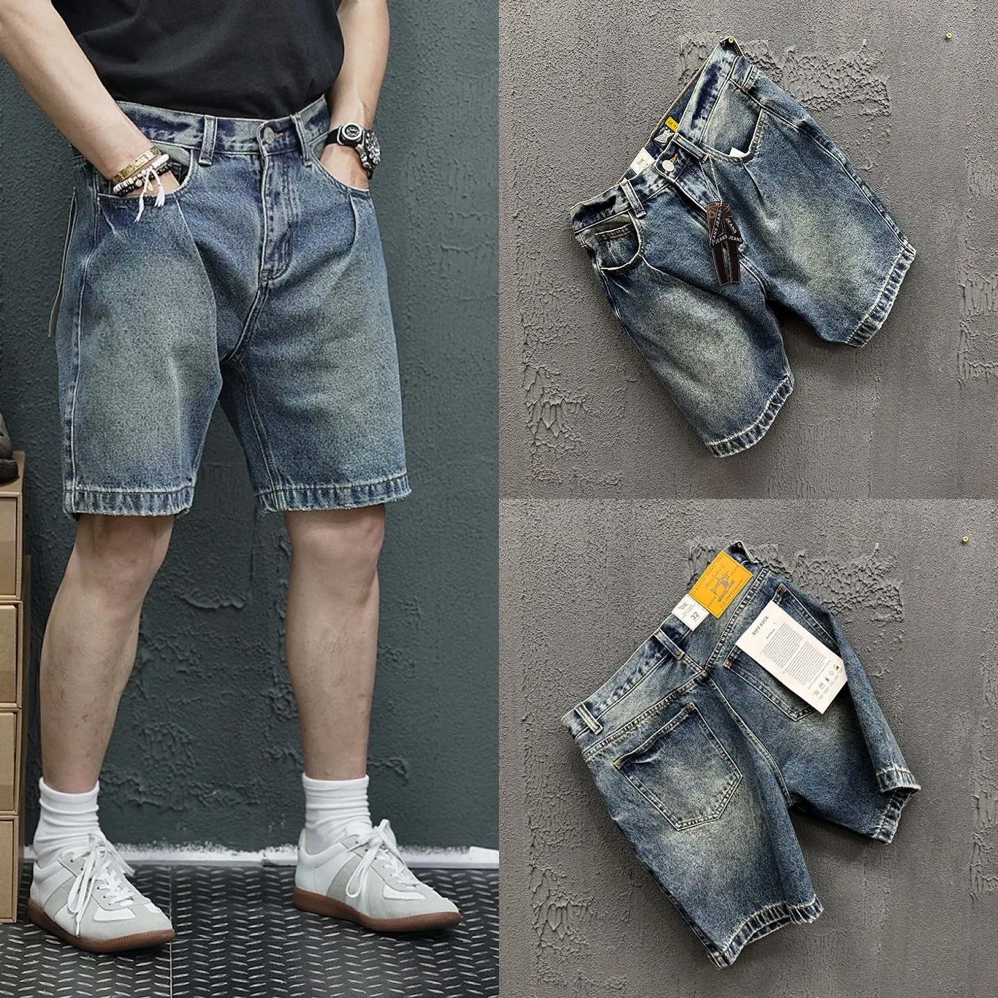 2025 Summer New American Retro Denim Cargo Shorts Men's Fashion 80% Cotton Washed Make Old Loose Straight Casual 5-point Pants