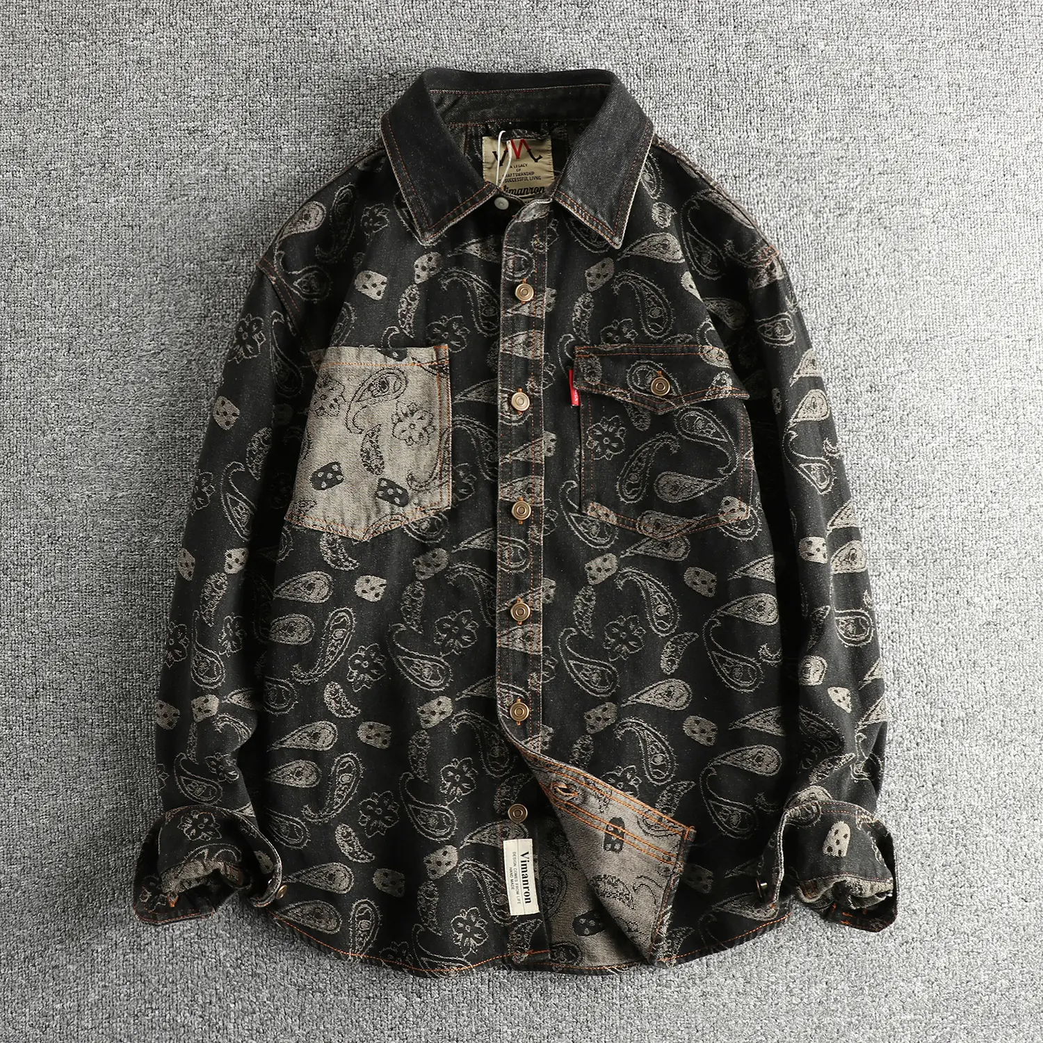 Autumn New Japanese Retro Long-Sleeve Lapel Cashew Printed Shirt Men's Simple 100% Cotton Washed Pocket Casual Blouses Thin Coat