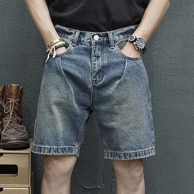 2025 Summer New American Retro Denim Cargo Shorts Men's Fashion 80% Cotton Washed Make Old Loose Straight Casual 5-point Pants