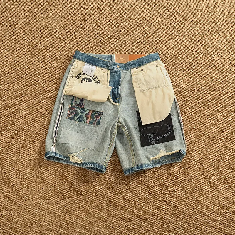 2025 Summer New American Retro Heavyweight Holes Denim Shorts Men's Fashion 92% Cotton Washed Old Straight Casual 5-point Pants