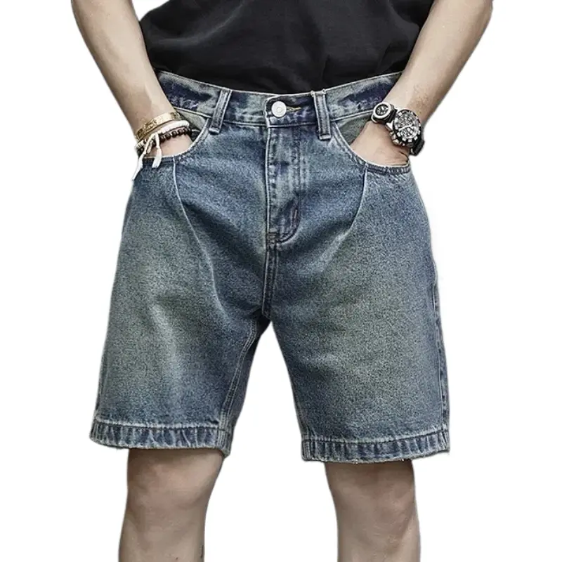 2025 Summer New American Retro Denim Cargo Shorts Men's Fashion 80% Cotton Washed Make Old Loose Straight Casual 5-point Pants