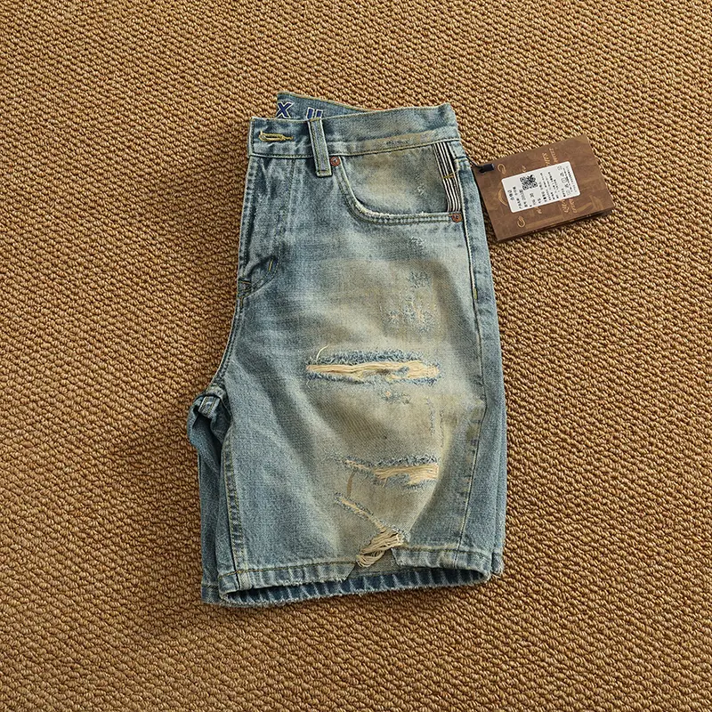 2025 Summer New American Retro Heavyweight Holes Denim Shorts Men's Fashion 92% Cotton Washed Old Straight Casual 5-point Pants