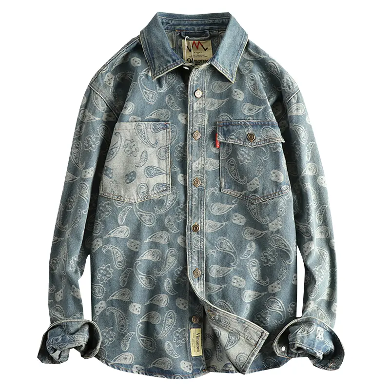 Autumn New Japanese Retro Long-Sleeve Lapel Cashew Printed Shirt Men's Simple 100% Cotton Washed Pocket Casual Blouses Thin Coat