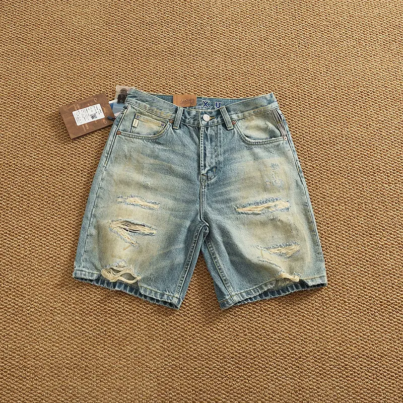 2025 Summer New American Retro Heavyweight Holes Denim Shorts Men's Fashion 92% Cotton Washed Old Straight Casual 5-point Pants
