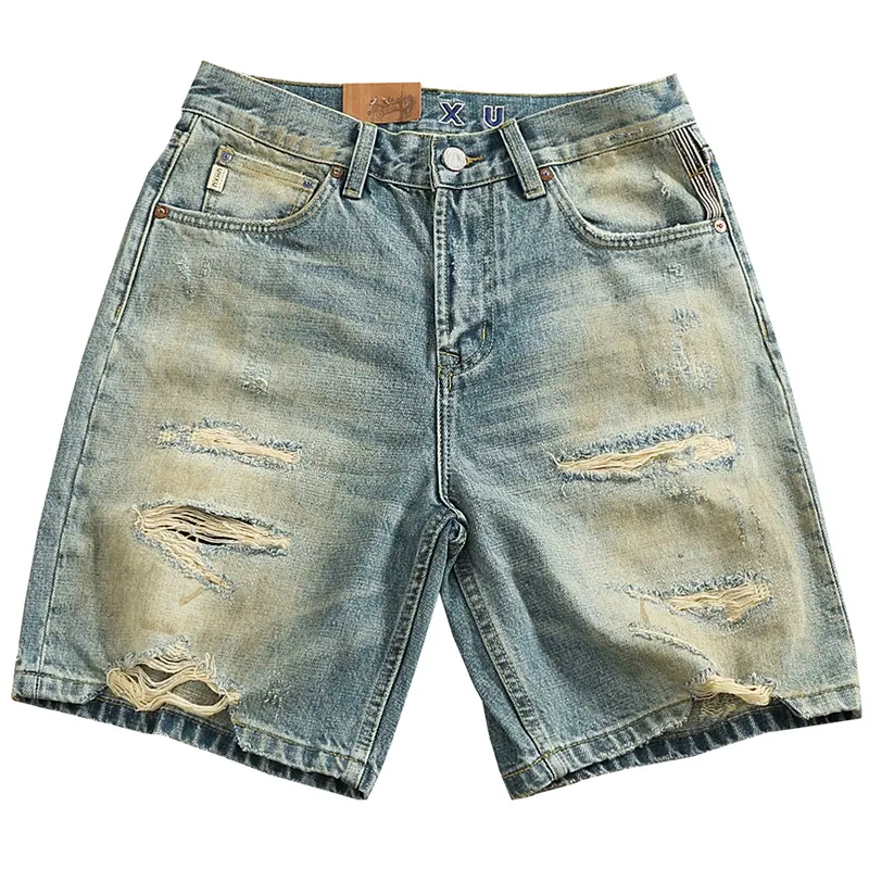 2025 Summer New American Retro Heavyweight Holes Denim Shorts Men's Fashion 92% Cotton Washed Old Straight Casual 5-point Pants