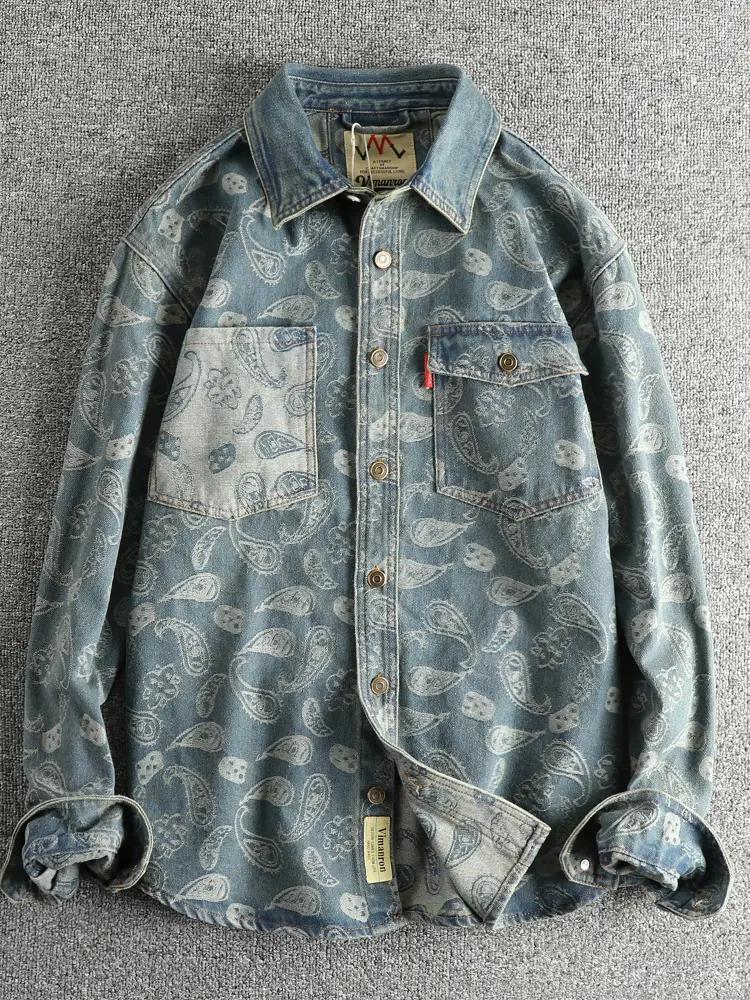 Autumn New Japanese Retro Long-Sleeve Lapel Cashew Printed Shirt Men's Simple 100% Cotton Washed Pocket Casual Blouses Thin Coat