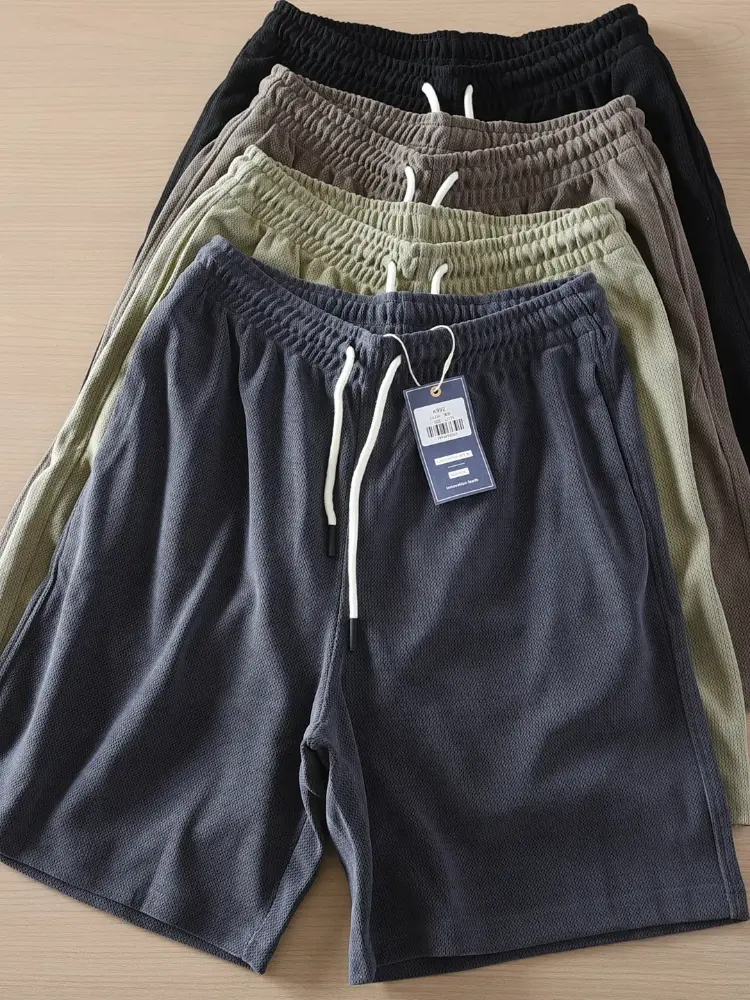 2025 Summer New Chenille Breathable Comfortable Elastic Waist Sports Shorts Men's Fashion Loose Drawstring Casual 5-point Pants