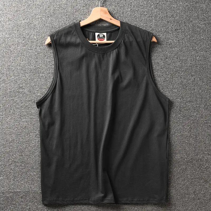 2025 Summer New American Retro Sleeveless O-neck Solid Color T-shirt Men's Fashion 100% Cotton Basketball Sports Casual Vest