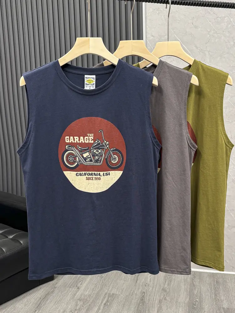 2025 Summer American Retro Sleeveless O-neck Motorcycle Printed T-shirt Men's Fashion 80% Cotton Basketball Sports Casual Vest