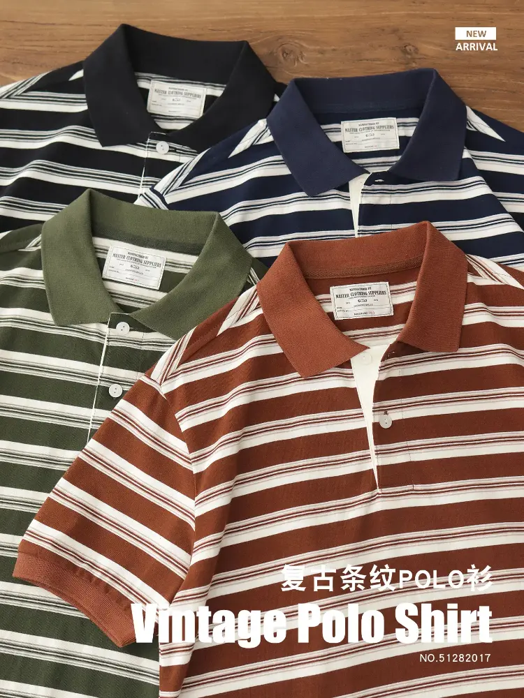 Summer New American Retro 245g Short Sleeve Laepl Sailor Striped Polo Shirt Men's Fashion 100% Cotton Washed Heavyweight T-shirt